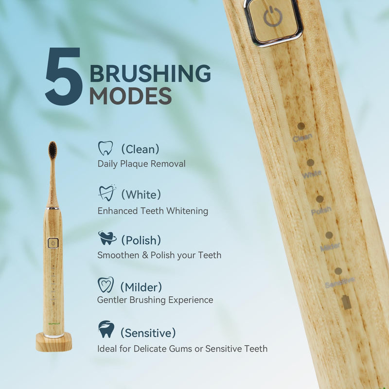 [Australia] - Bamboo Electric Toothbrush, Sonic Electric Bamboo Toothbrush for Adults, IPX7 Waterproof Rechargeable Toothbrush, 5 Cleaning Modes, 4 Bamboo Brush Heads Soft Bristle 