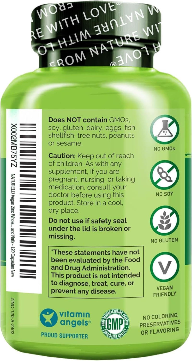 NATURELO Vegan Zinc Immune Support Capsules - Whole Food Complex with Vitamin C for Healthy Skin, Hair, and Nails - 120 Capsules