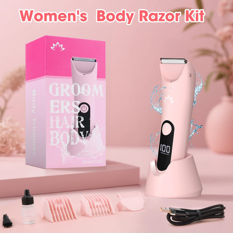 [Australia] - Bikini Trimmer for Women, Painless Pubic Hair Trimmer for Armpit Leg Arm Body Private Area,Rechargeable Womens Electric Razors Shaver LED Light Ceramic Blade IPX7 Waterproof Wet/Dry LCD Display,Pink Pink 