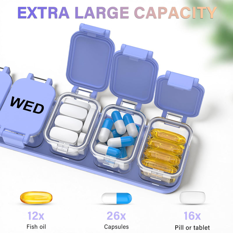 2-Pack Extra Large Weekly Pill Organizer, Travel Pill Box 7 Days | Portable Daily Pill Box with 7 Detachable Compartments, XL Vitamin Holder for Vitamins/Fish Oil/Supplements, Home and Travel Purple and Black
