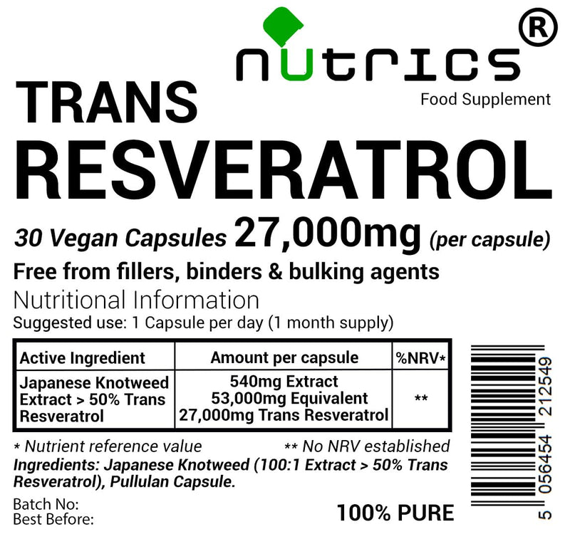 27,000mg (per Capsule) Trans RESVERATROL 30 V Capsules Reynoutria Japonica Extract Polygonum Cuspitadum - 100% Pure No fillers, Binders or Bulking Agents