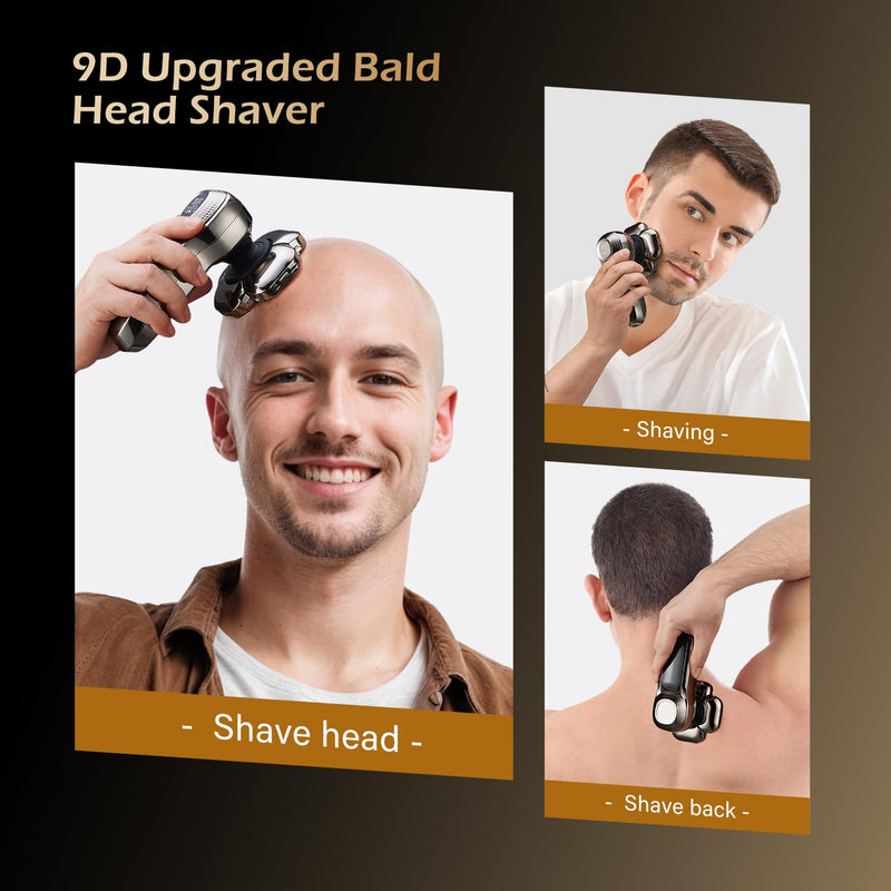 [Australia] - 9 Floating Heads Detachable Head Shavers,6 in 1 Electric Razor IPX6 Waterproof for Bald Men, Wet Dry Mens Grooming Kit,LED Display Rechargeable 9D Rotary Shaver Grooming Kit with Type-C Charge 