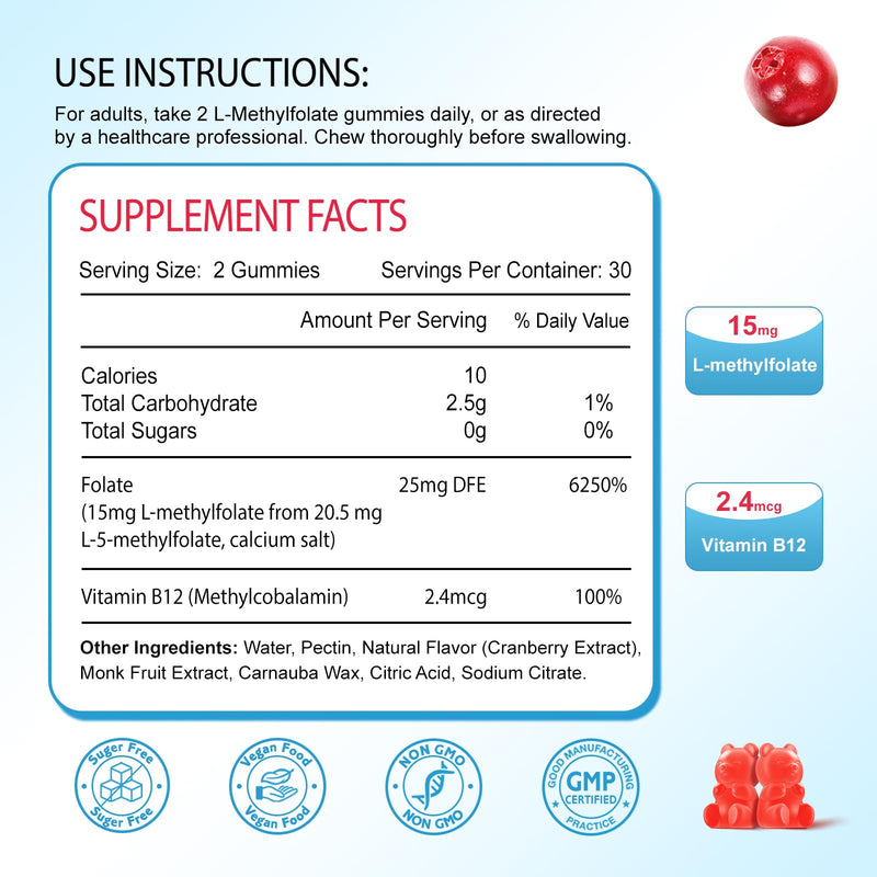 L-Methylfolate 15mg & Methyl B12 Gummies, Folate Supplement for Brain Health, Mood & Immunity, DNA Synthesis & Repair, Sugar Free, Vegan, Cranberry Flavor, 60 Count 60 Count (Pack of 1)