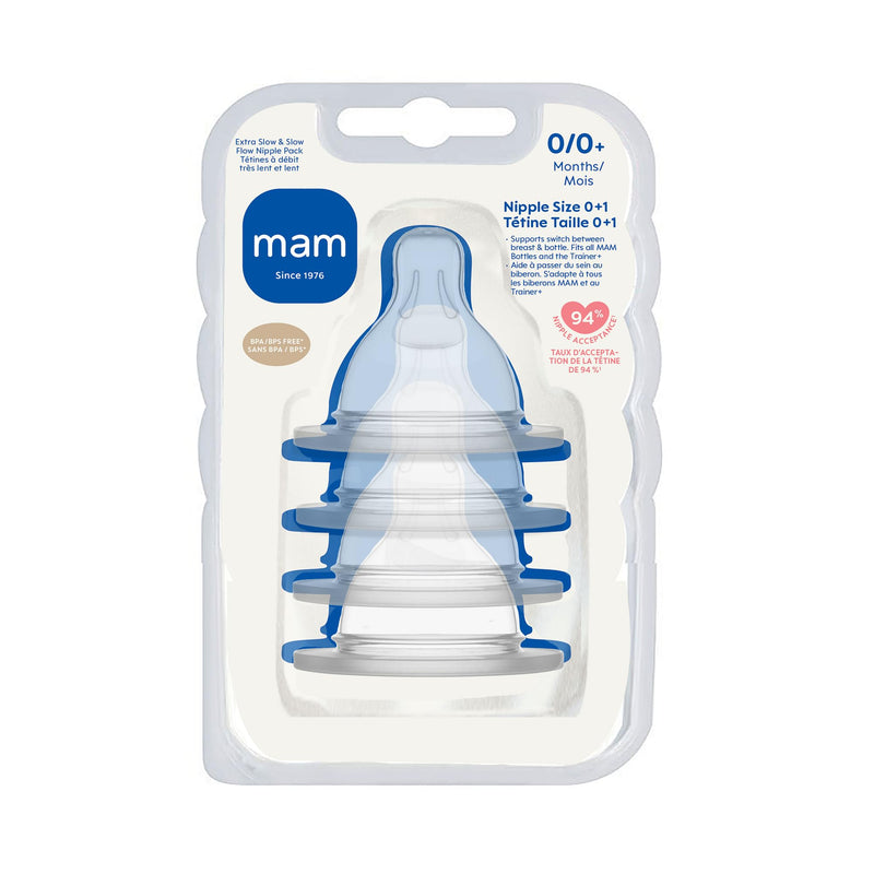 MAM Bottle Nipples Mixed Flow Pack - Extra Slow Flow Nipple Level 0 and Slow Flow Nipple Level 1, for Newborns and Older, SkinSoft Silicone Nipples for Baby Bottles, Fits All MAM Bottles, 4 Pack Extra Slow and Slow Flow (Level 0 and 1)