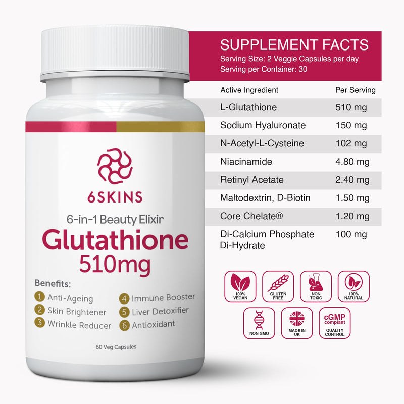 6in1 Beauty Elixir with L-Glutathione 510mg, NAC 102mg, Hyaluronic Acid 150mg Glutathione Supplement with 4X Absorption - Immune and Liver Support, Powerful Antioxidant for Skin - 60 Capsules