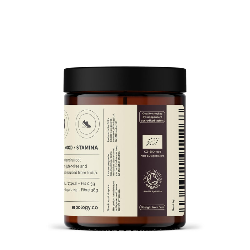 Erbology Organic Ashwagandha Powder 90g - 45 Servings - Sleep Aid - Rich in Withanolides - Sustainably Sourced Straight from Farm in India - Small Batch - Vegan - GMO-Free - Recyclable Glass Jar