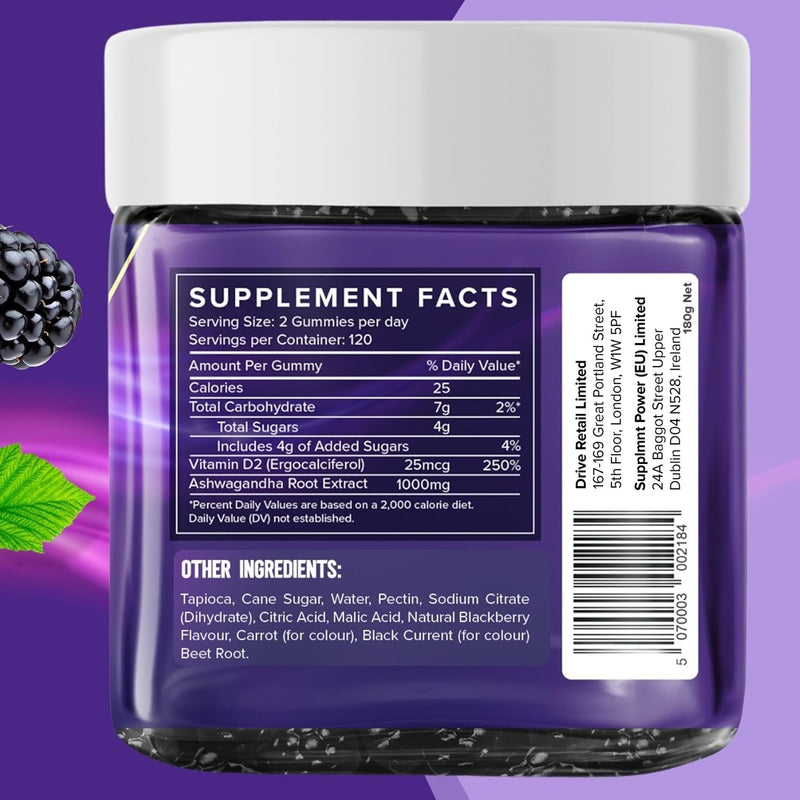 Supplmnt. Ashwagandha Gummies High Strength 2000mg with Vitamin D2 – 2 Months Supply Ashwagandha Root Extract Supplement, Vegan, BlackBerry Flavor, 120 Count