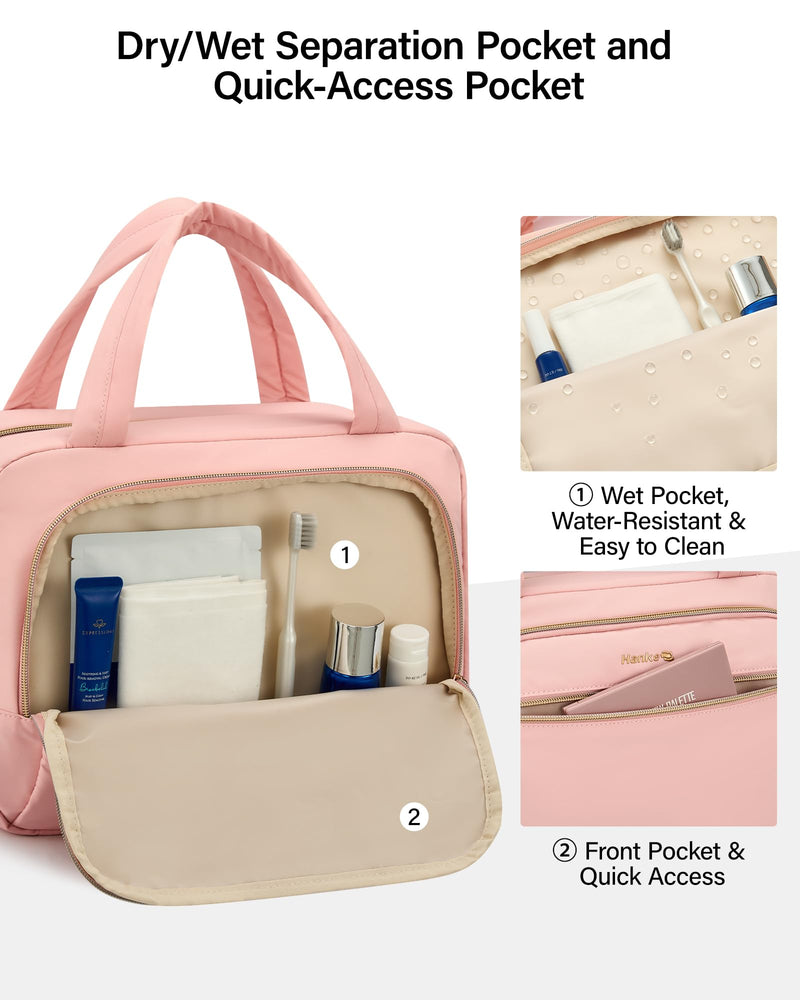 Hanke Hanging Travel Toiletry Bag for Women, Water-Resistant Makeup Organizer with Hook, Cosmetic Bag for Bathroom & Travel Essentials Accessories, Pink