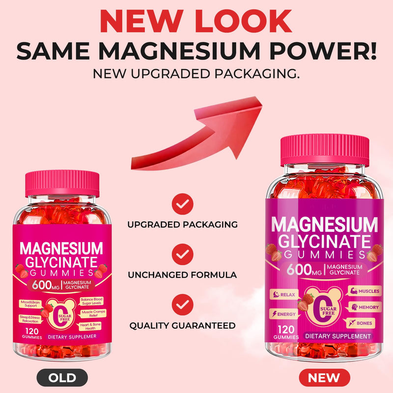 Magnesium Glycinate Gummies 600mg, Chewable Sugar Free Magnesium Gummies | High Absorption Magnesium Glycinate, Vitamin D, B6, and CoQ10 for Zzz, Relaxation, Brain and Muscle, 60 Days Supply Strawberry 120 Count (Pack of 1)