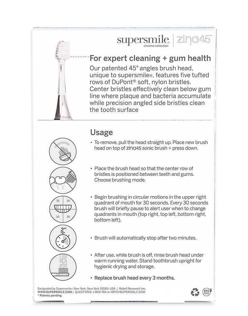 Supersmile Zina45 Replacement Brush Heads for Sonic Pulse Toothbrush Silver