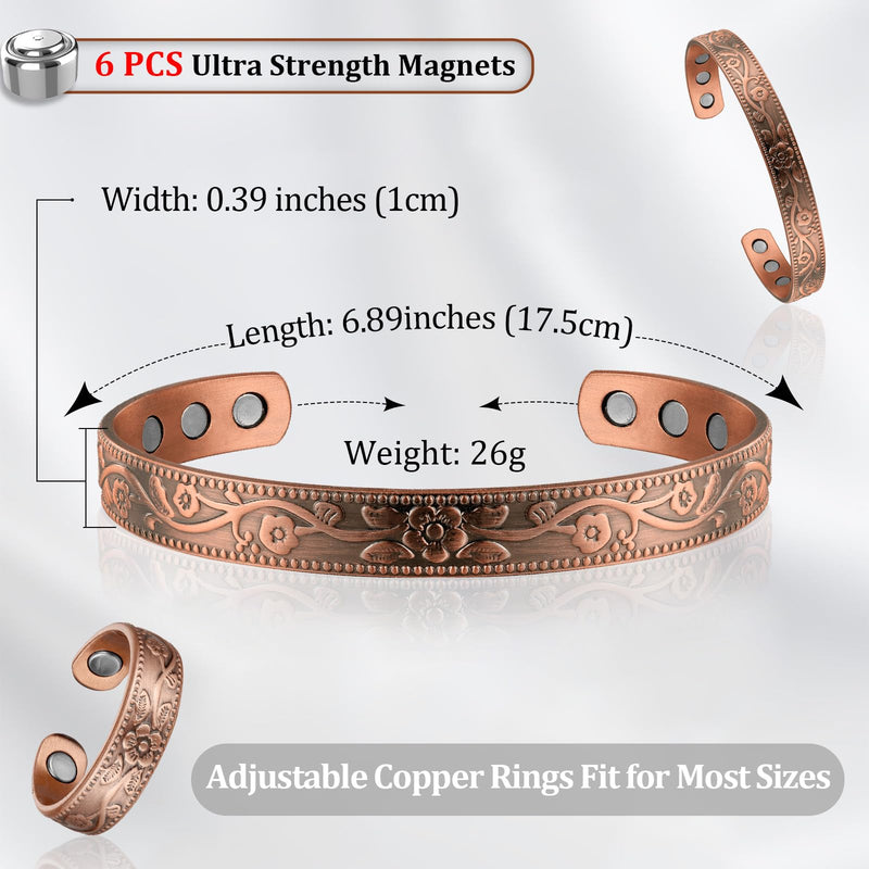 [Australia] - BioMag Copper Bracelet & Ring for Women, 99.99% Pure Copper Magnetic Bracelet Lymphatic Drainage Rings with 3500 Gauss Magnets, Adjustable & Flower Pattern 