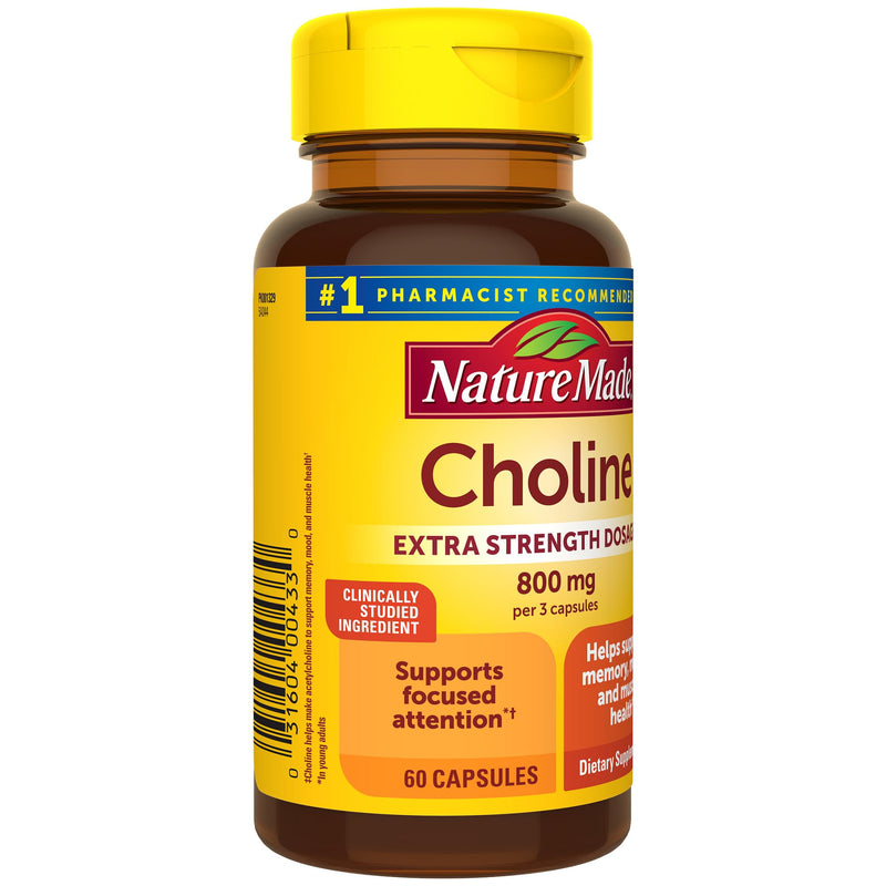 [Australia] - Nature Made Extra Strength Dosage Choline Supplements 800 Mg Per 3 Capsules, Brain Health, Mood, Muscle & Liver Support, Vegetarian, 60 Capsules, 20 Day Supply 
