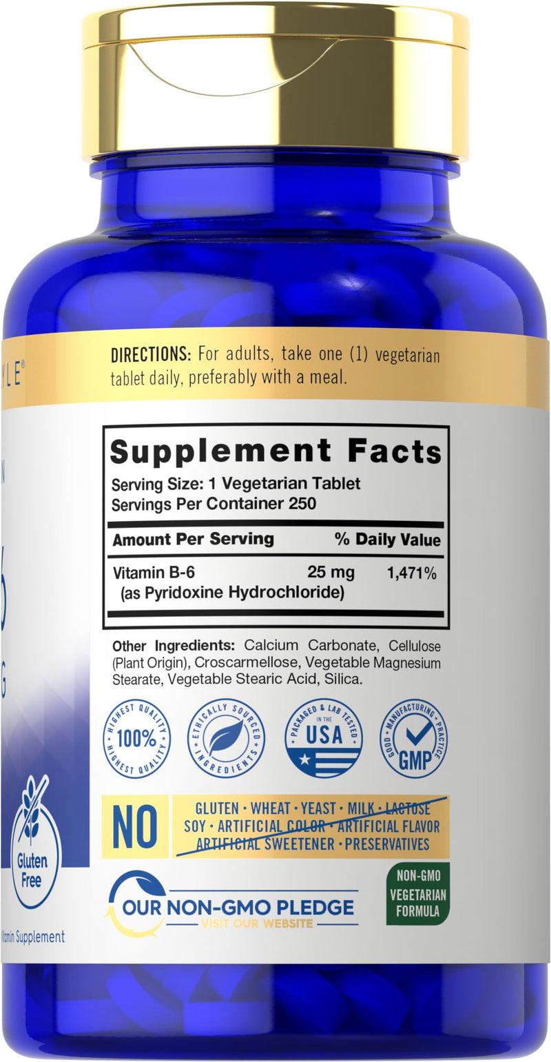 Carlyle Vitamin B6 25 mg | 250 Tablets | as Pyridoxine Hydrochloride | Supplement for Women and Men | Vegetarian, Non-GMO & Gluten Free