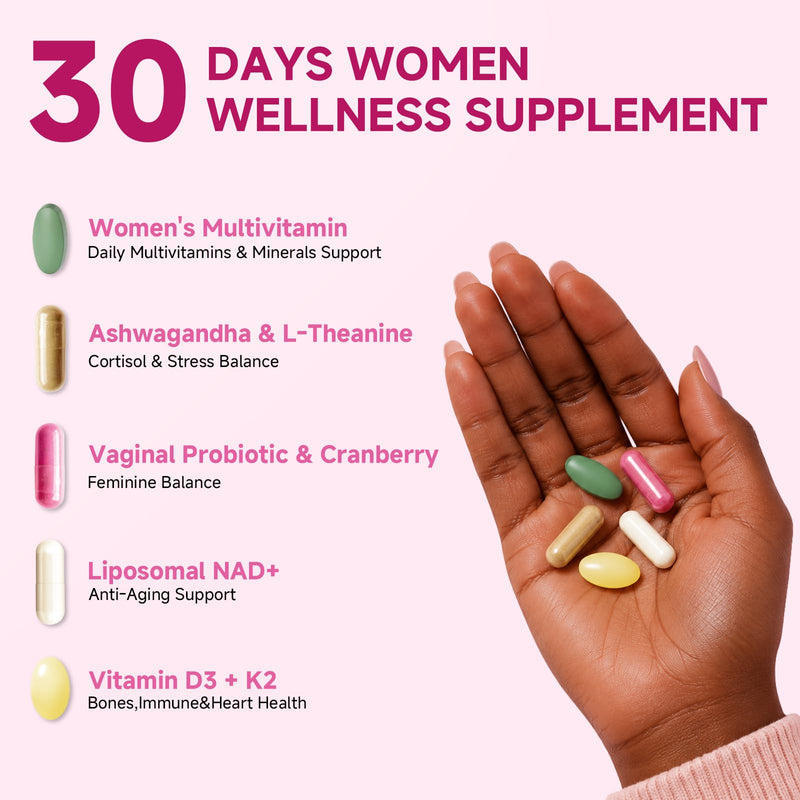 Multivitamin for Women 30+ with D3+K2, Probiotics & NR | Daily Vitamin Packs with Ashwagandha & L-Theanine, Portable Packs for Energy, Gut Health, Bone Support, 30 Day Supply 1 Box