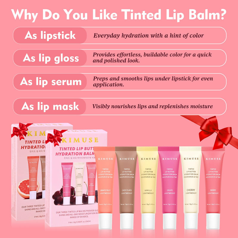 KIMUSE Tinted Lip Butter Balm Set, 6 Sheer Shades, Instant Shine, Vegan | Hydrating Plumping Gloss, Hyaluronic Acid & Vitamin E, Sheer Tint, Non-Sticky Conditioning Lip Mask for Dry Lips