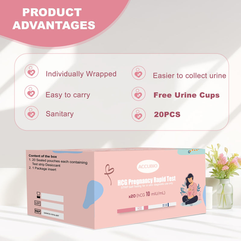 Pregnancy Test Strips with Urine Cups, hCG Detection Home Pregnancy Tests, Sensitive & Over 99% Accurate, 20 Count Individually Wrapped, Rapid hCG Test Strips, 5mm Wider 25mIU/mL