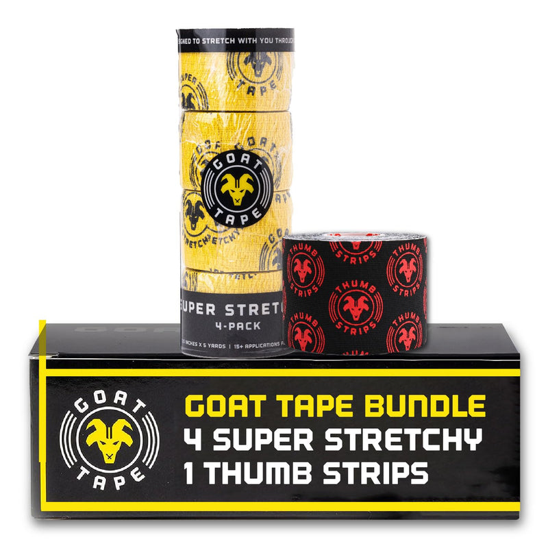 Goat Tape Yellow Super Stretchy Premium Thumb Tape(4-Pack) and Pre Cut Red Athletic Tape for Fingers - Extra Sticky Elastic Athletic Thumb Tape for Weightlifting