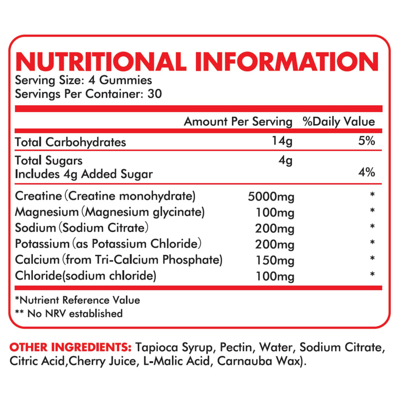 Supplmnt. Creatine Gummies with Electrolytes, 5000mg Creatine Monohydrate, Cherry Flavour, 120 Gummies, Vegan, Gluten-Free, Non-GMO, Food Supplement, 30-Day Supply