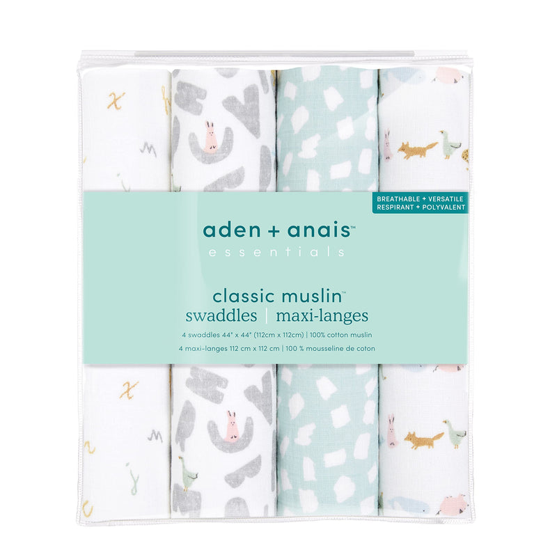 aden + anais Essentials Swaddle Blanket, Boutique Muslin Blankets for Girls & Boys, Baby Receiving Swaddles, Ideal Newborn & Infant Swaddling Set, Perfect Shower Gifts, 4 Pack, Alphabet Animals