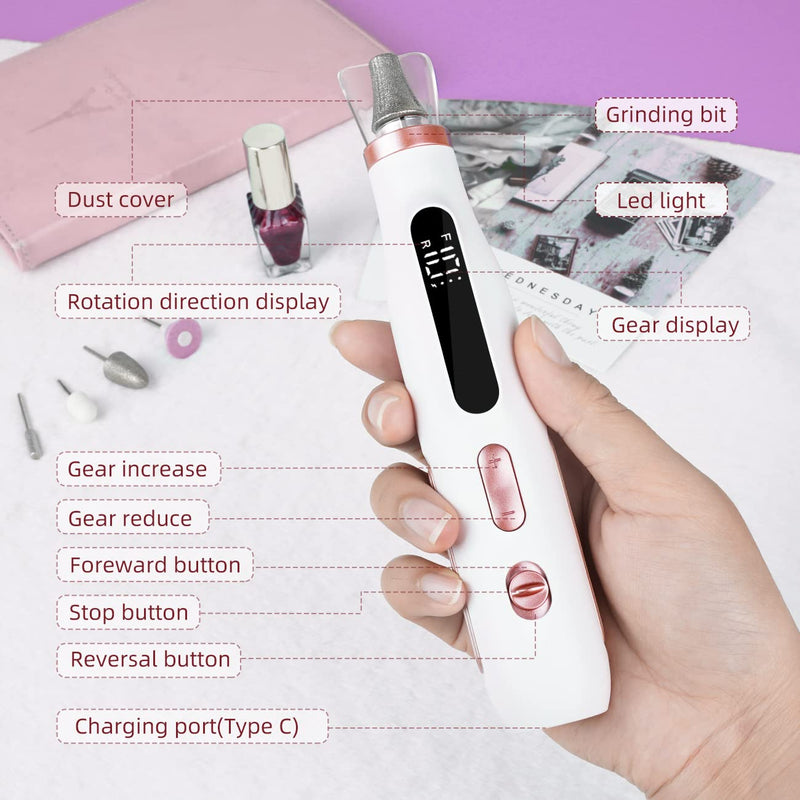 [Australia] - Manicure Pedicure Set Wireless Portable, 2 in 1 Heartyfly Manicure Set Electric & Pedicure Set Foot Care Electric, USB Rechargeable 10 Levels Adjustable 15 Bits, LED Light LCD Display White 