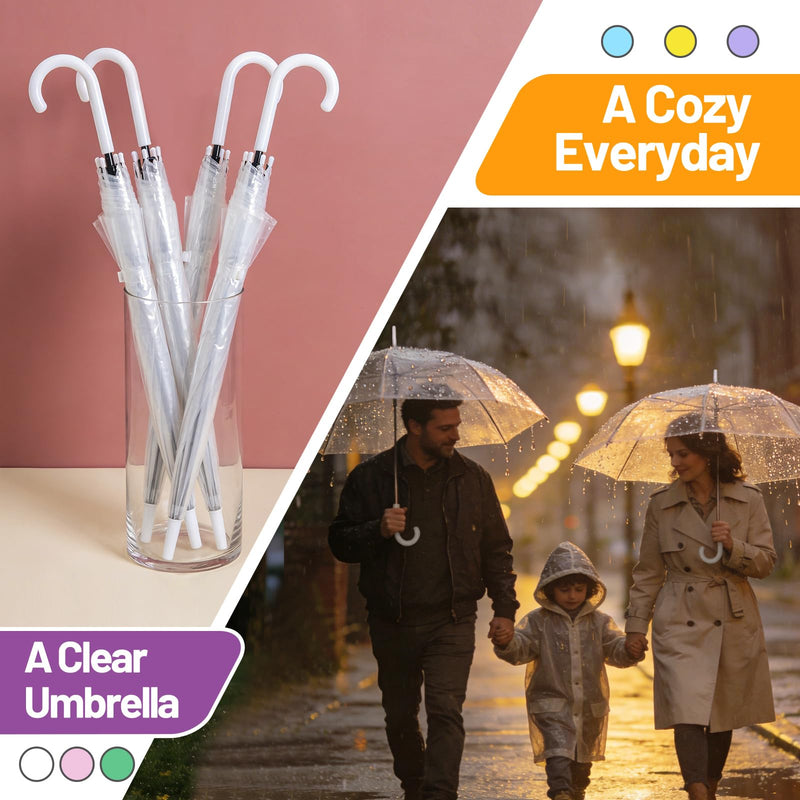 Clear Umbrella Bulk Colorful Transparent Rain Umbrellas Windproof Waterproof with J Hook Handle for Wedding Party Photography Outdoor Travel Gift White 6
