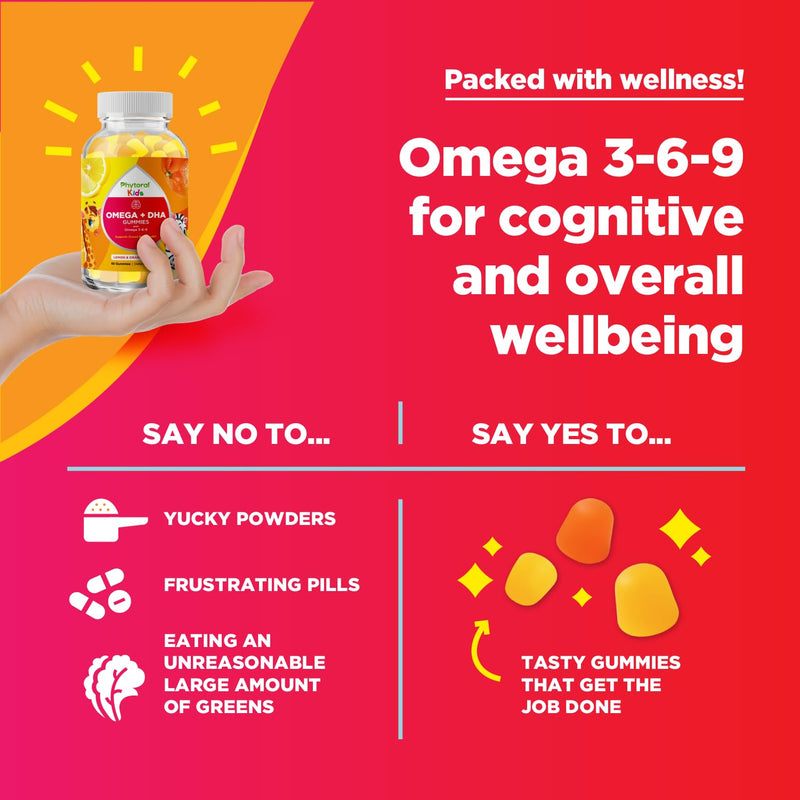 Kids Omega and DHA Gummies - Fatty Acids Omega 3 6 9 with Vitamin C for Vision - Nutritional DHA for Kids for Healthy Nervous System & Focus Support - Fish Free - 60 Count