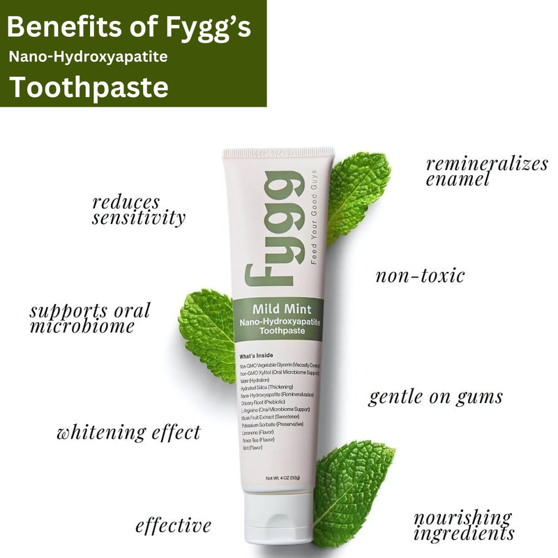 Fygg Fluoride-Free Toothpaste (4 oz) with Travel-Size (0.7 oz) – Mild Mint | Nano-Hydroxyapatite Formula for Sensitive Teeth, Whitening & Enamel Repair