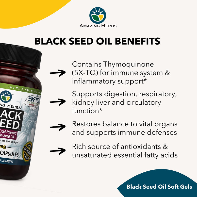 [Australia] - Amazing Herbs Premium Black Seed Oil Capsules - Cold Pressed Nigella Sativa Aids in Digestive Health, Immune Support, Brain Function, Gluten Free, Non GMO - 90 Count, 500mg 