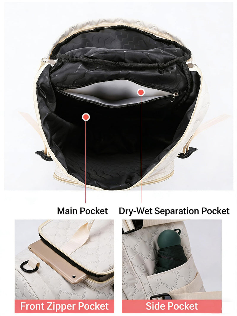 Jupkem Quilted Travel Duffel Bag Backpack Large-capacity independent shoe compartment Adjustable Carry Strap Gym Tote Bag (White) White