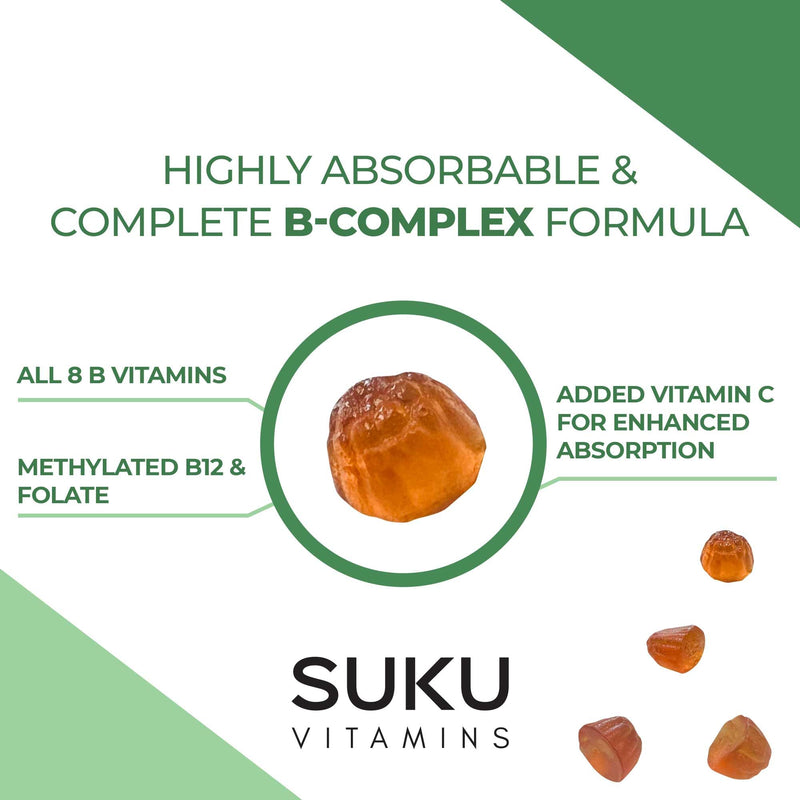 SUKU Vitamin B Complex Gummies with Vitamin C – Sugar Free Vegan 8 B Vitamins Complex Gummy Supplement Increases Cell Development, Improves Metabolism & Collagen Formation, Peach Flavour (50 Gummies) 50 Count (Pack of 1)