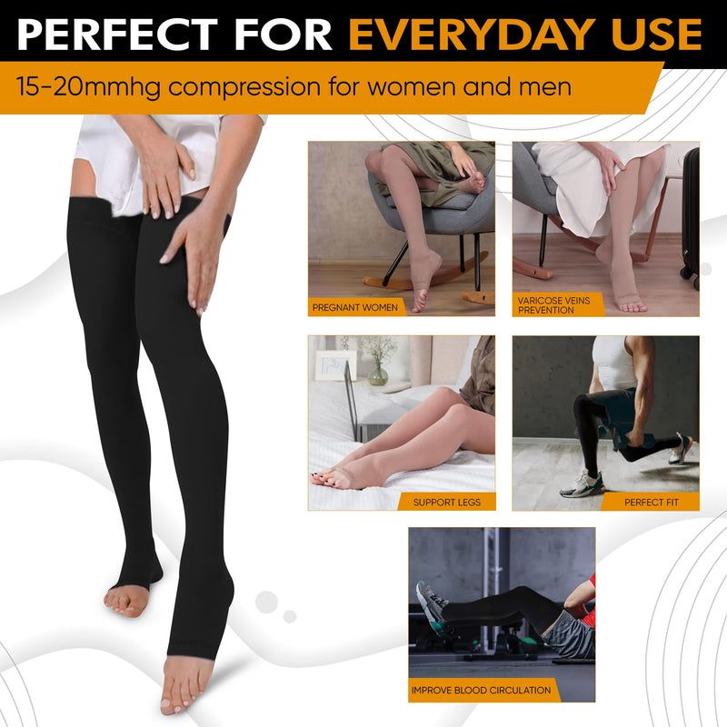[Australia] - Doc Miller Thigh High Open Toe Compression Stockings 15-20mmHg for Varicose Veins, Pregnancy Support Open Toe Thigh High Compression Socks for Women and Men Large Black 