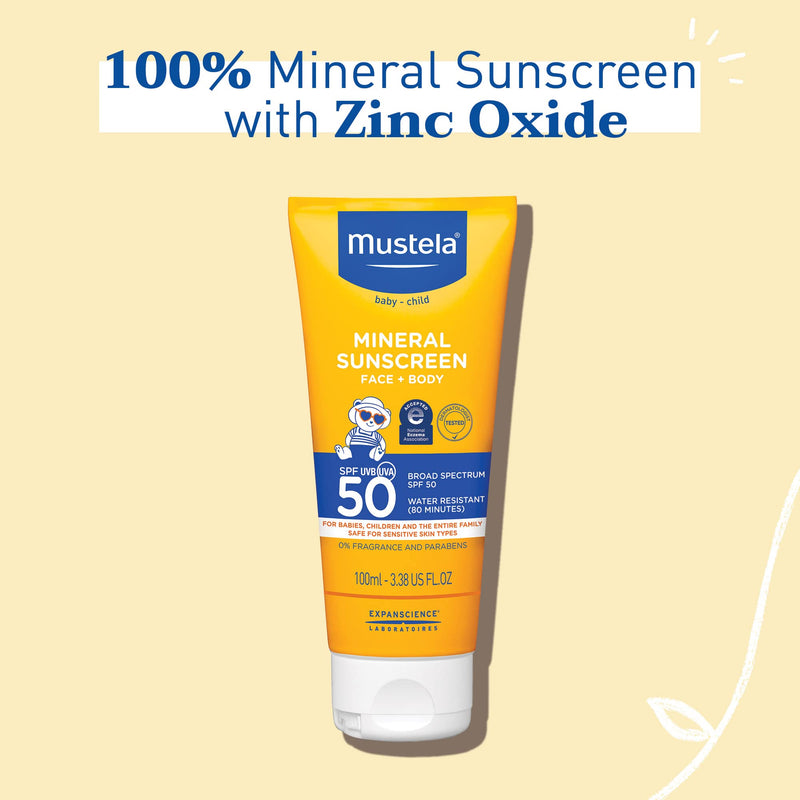 Mustela Baby Mineral Sunscreen Lotion SPF 50 Broad Spectrum - Face & Body Sun Lotion for Sensitive Skin - Water Resistant & Fragrance Free - Regular & Family Size 3.38 Fl Oz (Pack of 1)