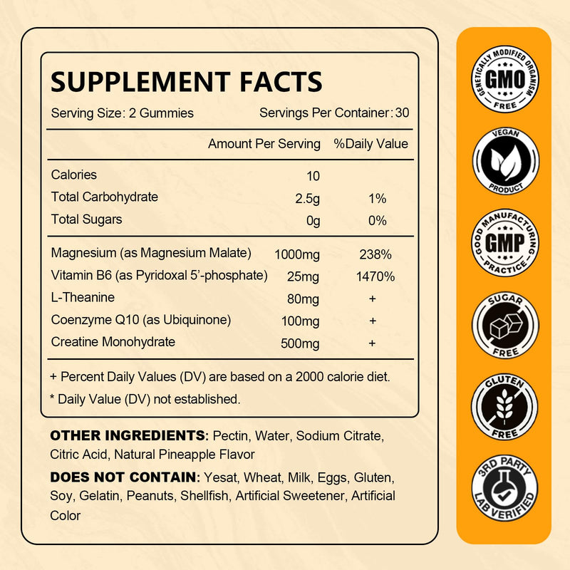 2 Pack Magnesium Malate Gummies 1000mg, High Absorption Magnesium Supplements for Adults & Kids, with L-Theanine, CoQ10 & Vitamin B6, Support Energy Production, Muscle Function, Non-GMO, Vegan, 120Ct 60 Count (Pack of 2)