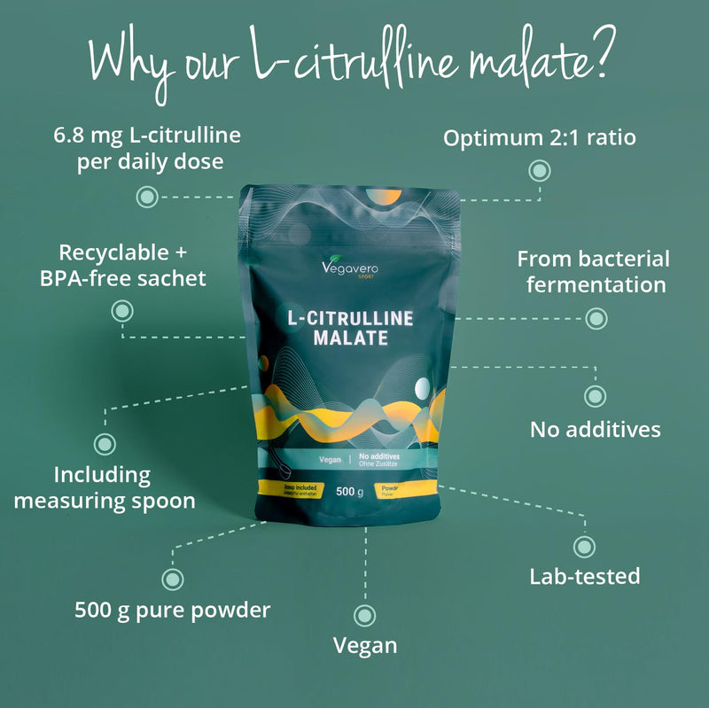 Vegavero L Citrulline Malate 2:1 | 10,000 mg Daily Dose | 100% Pure | NO Additives | Unflavoured | Lab-Tested | Vegan | 500 g Pre Workout Powder