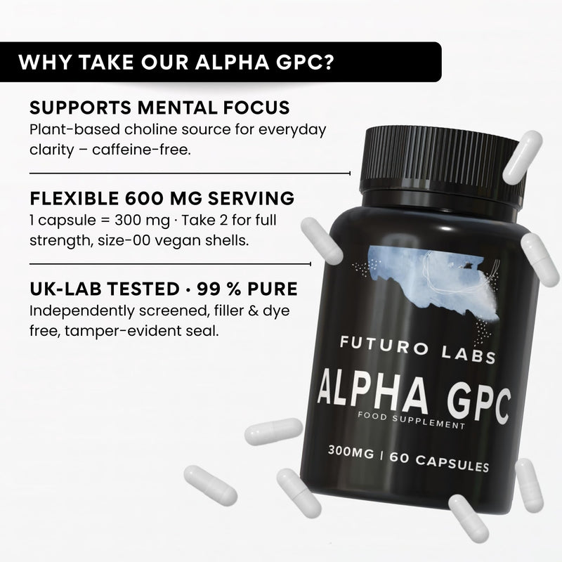 Alpha GPC Choline Supplement 600mg per Serving (High Strength) Cognitive Supplements for Memory, Mood & Motivation - Lab Tested, Non-GMO, Nootropic for Brain Made in the UK (60 300mg Capsules)