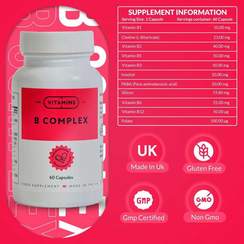 Vitamin B Complex Capsules | B12 B6 B1 Biotin Folate & Nicotinamide | Sugar Free Food Supplement | GMP Certified