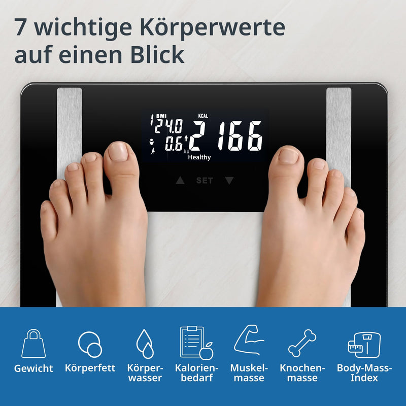 [Australia] - ADE digital body fat scale Ines up to 200 kg | Bathroom scales with body fat analysis, BMI, muscle mass, body water, weight, BMR | Body scale with user recognition | black 