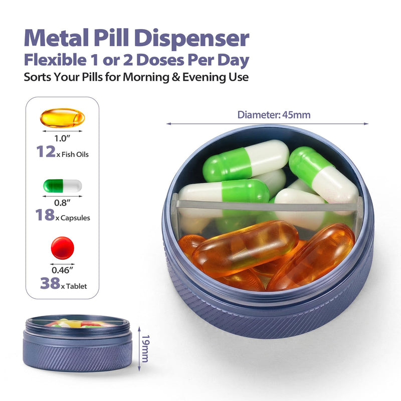 Metal Pill Case - Portable Waterproof Pill Box with Removable Divider, Small Aluminum Pill Organizer, Rugged Medicine Container for Daily Vitamins and Travel for Pocket Purse, Dark Blue