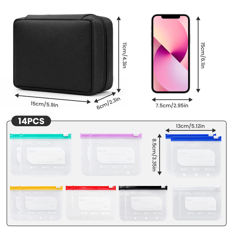 Waterproof Pill Organizer Set, 14 Pouches, Travel Storage Case (Black) | 14 Color-Coded Pouches, Waterproof PU Shell Leakproof Zippered Case, Lightweight for Daily Vitamins & Supplements