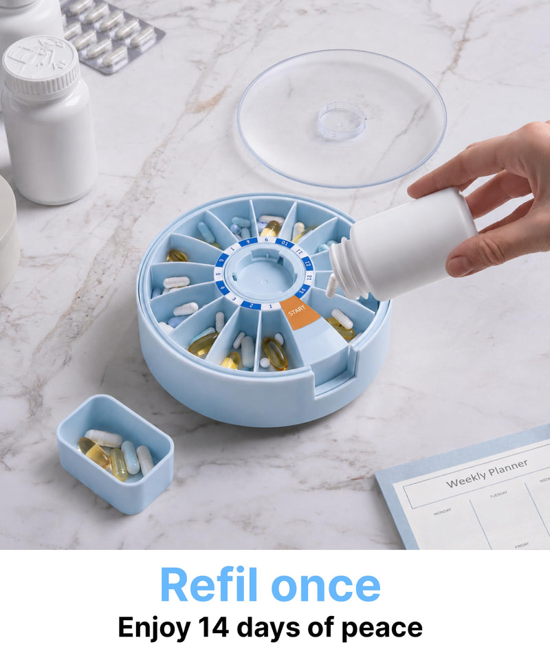 Pill Dispenser 14 Day – Rotating Medicine Organizer Wheel with Push Button, Wall Mounted or Desktop Manual Pill Dispenser for Elderly & Seniors, Large Capacity Vitamin & Medication Organizer Blue