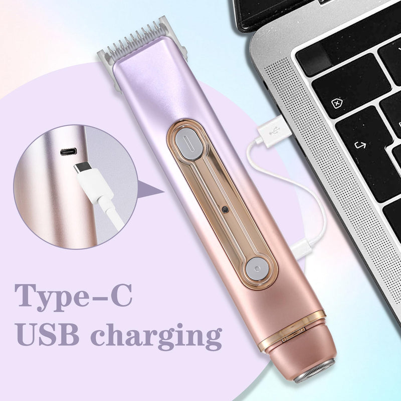 WNJ 2 in 1 Women Electric Shaver - Dual Head Bikini Trimmer - IPX7 Waterproof - Wet & Dry Use - Body Hair Trimmer and Facial Hair Remover for Bikini, Underarm Leg, Private Area, Arm, Body, Face Double Head-Pink