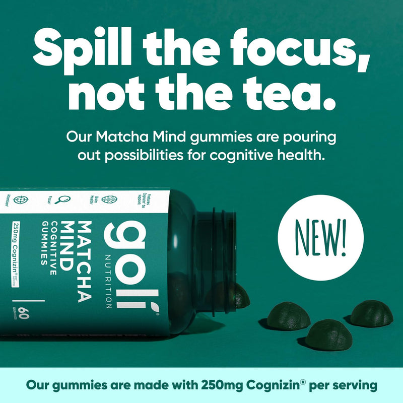 [Australia] - Goli Matcha Mind Gummies - 60 Count - Green Tea Leaves Powder with Cognizin for Focus, Attention and Brain Health, Vegan, Non-GMO, Gluten-Free & Gelatin Free. 