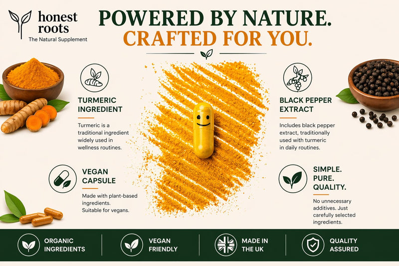 Honest Roots Organic Turmeric Curcumin Capsules with Black Pepper – 600mg per Serving – 120 Vegan Capsules (2 Month Supply) – High Strength Curcuma Longa Supplement – Made in UK