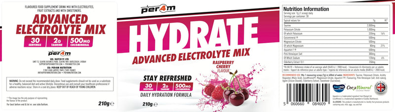 Per4m Hydrate Electrolyte Mix Powder | 500mg Cocomineral to Replenish Essential Electrolytes | Muscle Function, Cardiovascular Health, Neurological Support | 210g (Raspberry Cherry) Raspberry Cherry