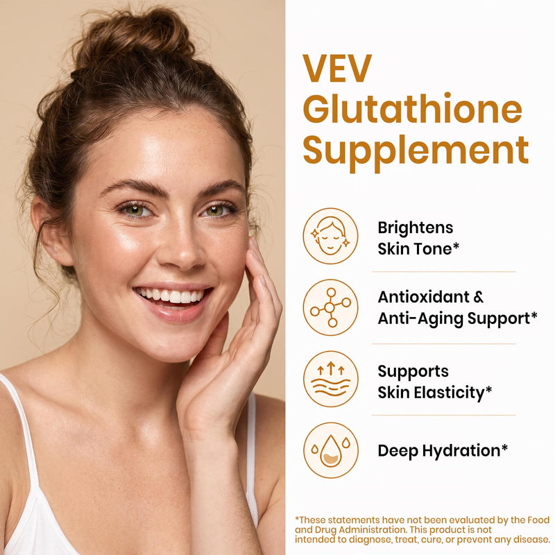 VEV Glutathione Supplement 600mg, Vitamin C & Collagen, 40-Day Supply | Antioxidant Support for Skin Whitening, Hydration & Even-Looking Tone, 120 Capsules