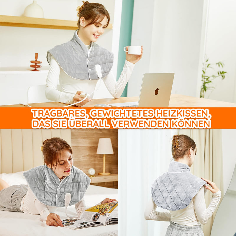 [Australia] - Weighted heating pad with automatic switch-off for back, shoulder, neck, quick-heating carbon fiber heating pad, micro-plush neck warmer, 6 heat levels, auto-off timer, Mia&Coco - gray (57x58cm) 57x58cm gray 