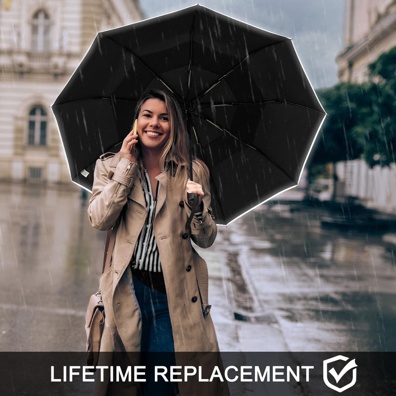 G4Free 2 Packs Windproof Portable Travel Umbrella for Rain & Sun, Strongest Fiberglass Frame, Eco Double Canopy with Reflective Strip, Auto Open Close Folding Umbrella For Car, Backpack, Purse