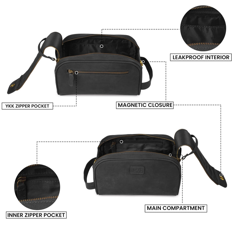 MDS® Genuine Leather Toiletry Bag for Men - Unisex Rustic Classic Vintage Handcrafted Full-Grain Leather Travel Dopp Kit with Waterproof Lining & Handle, Shaving & Grooming Kit Organizer Pouch, Black