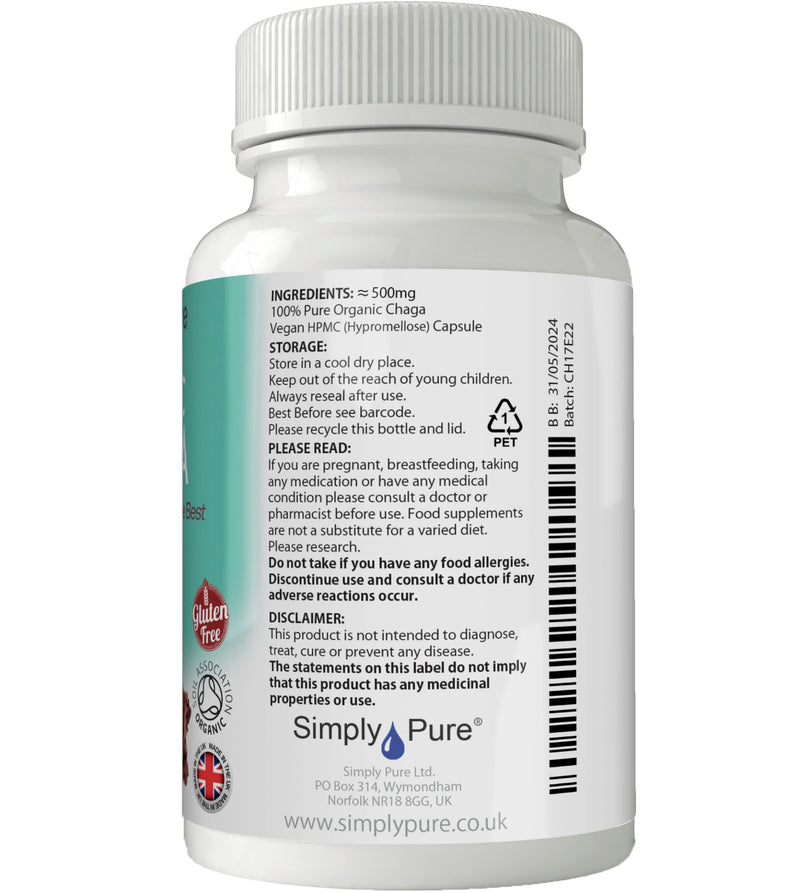 Organic Chaga Mushroom for Immunity and Antioxidant Boost | 500mg Capsules x 90 | 100% Pure Soil Association Certified | Gluten Free | GM Free | Vegan