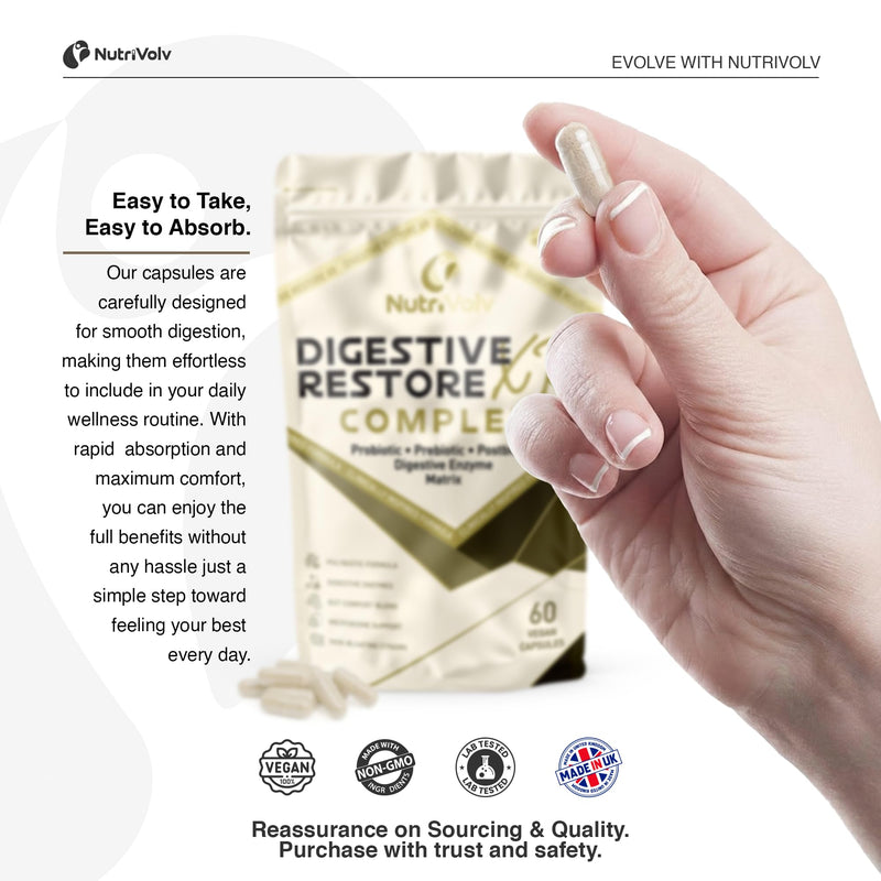 Digestive Restore XR Complex | 60 Vegan Capsules | Polybiotic Formula | Probiotic, Prebiotic, Postbiotic & Enzyme Blend | Gut Comfort, Microbiome Balance & Digestion | Non-Bloating | by NutriVolv